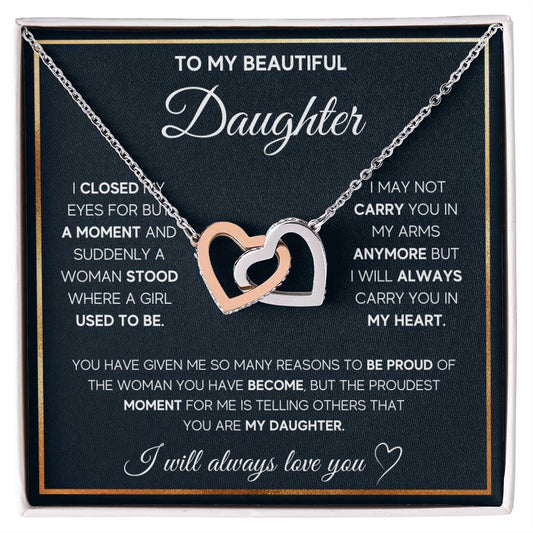 To My Daughter, I Will Always Carry You In My Heart - Interlocking Hearts Necklace